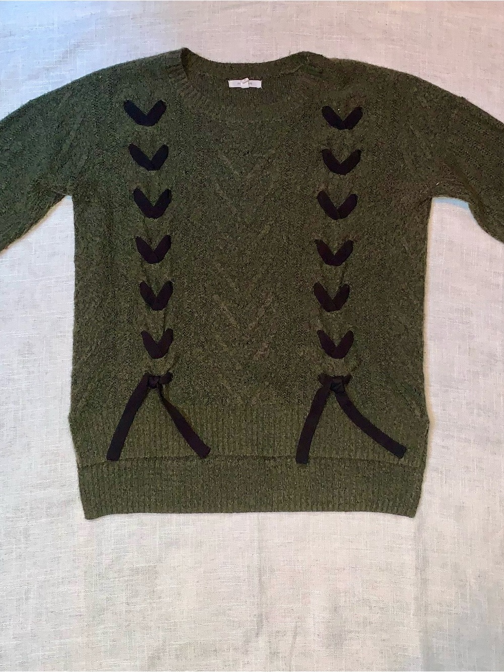 Maurices Olive Crewneck Sweater with Black Ribbon Lace Detail Small